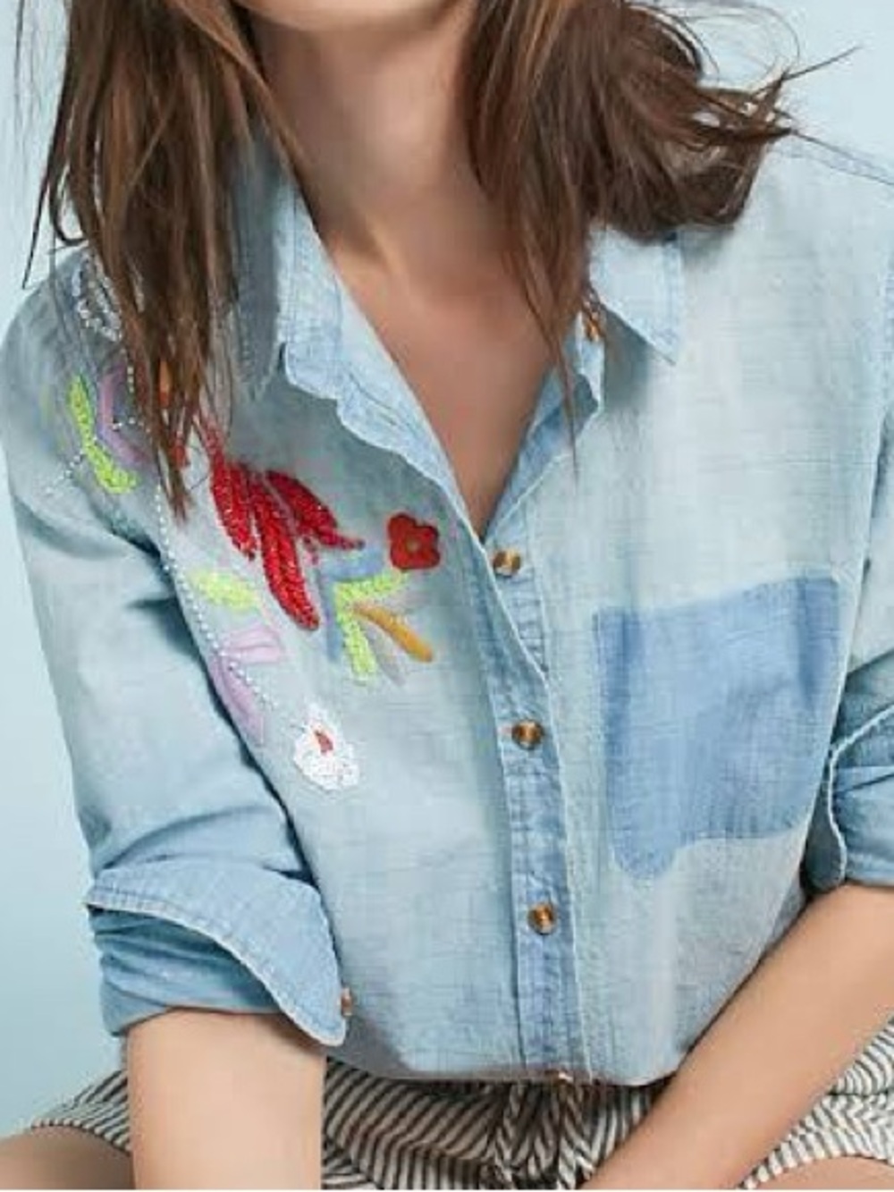 Maeve Boise Embroidered Chambray Buttondown Long Sleeve Shirt Size: XS